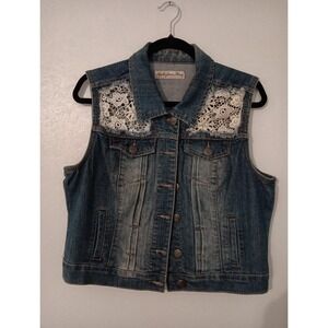 Apollo Jeans ~Missy Denim Vest Juniors Sz. L Button Front Distressed ‎ Lace